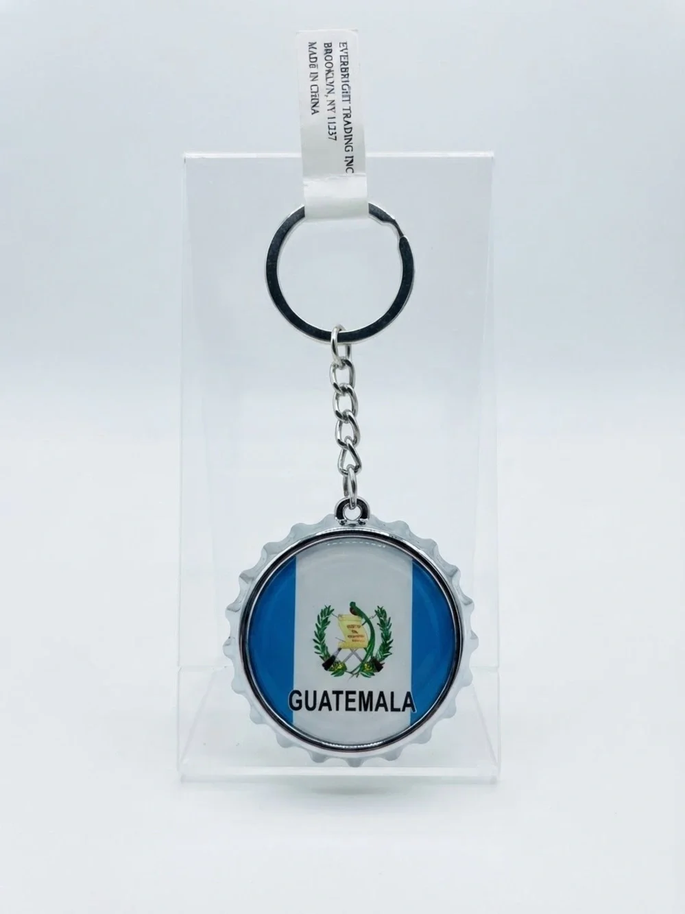 2 pack- Guatemala Flag Bottle Cap Keychain - Silver Keyring (Blue & White)
